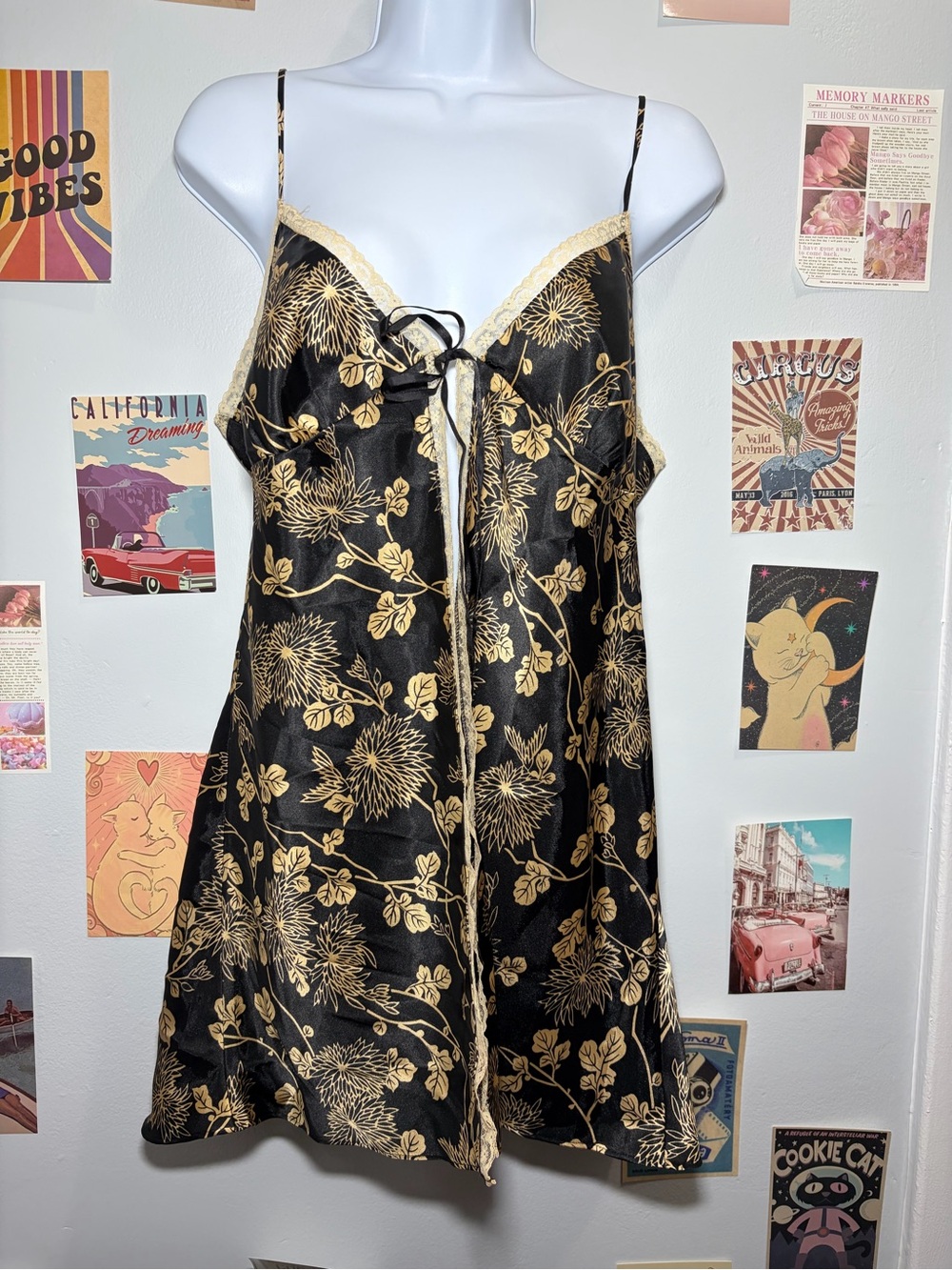Victoria's Secret Black & Gold Floral Satin Slip Chemise